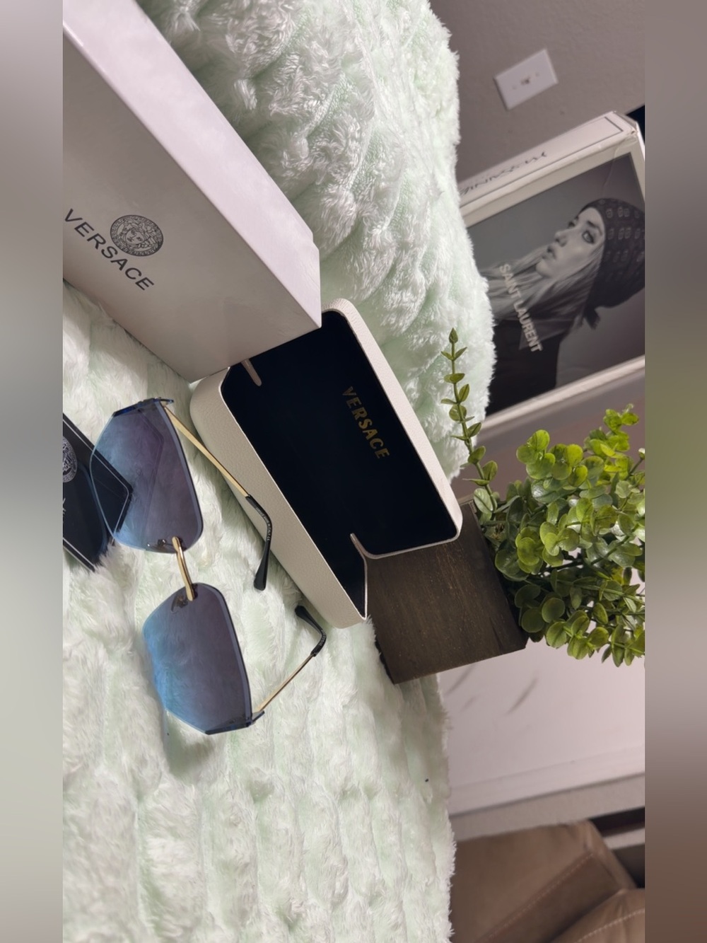Versace Rimless Sunglasses with Blue Gradient Lenses and Gold Temples